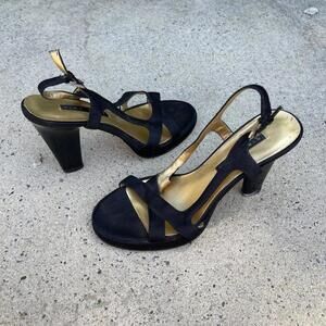 Nine West Black suede heels sandals with small platform and gold lining size 6.5